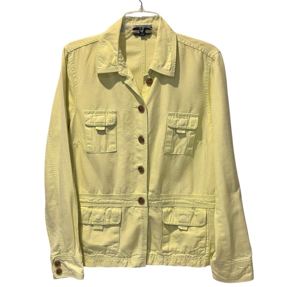 Lands' End Linen Blend Safari Utility Jacket Women's 16 Lime Green Multi Pocket